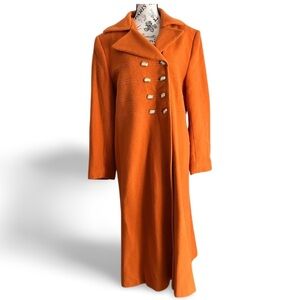 🇨🇦 Vintage 70s Mod Vibrant Orange Wool Coat Maxi Lenght Military Double breasted